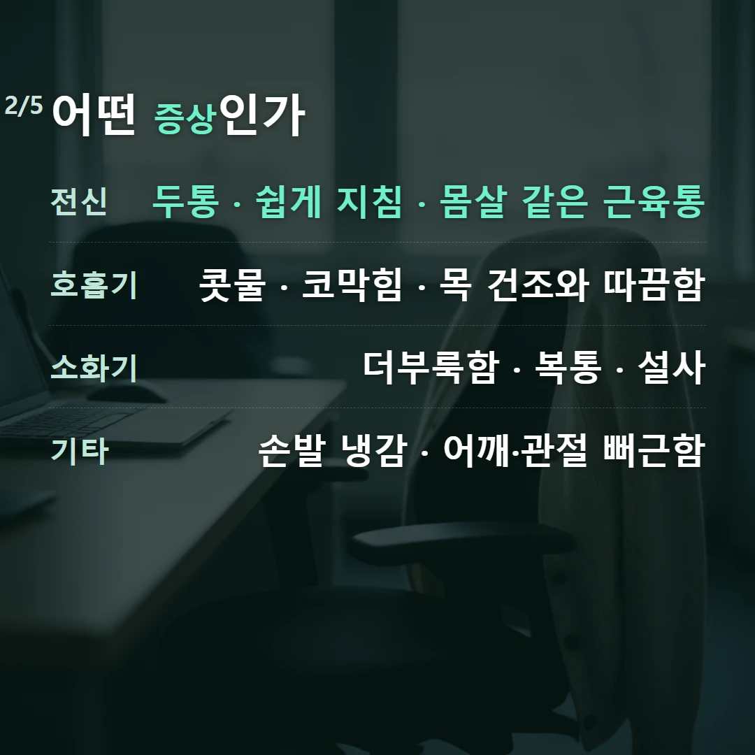 어떤 증상인가 — 전신 두통 · 쉽게 지침 · 몸살 같은 근육통, 호흡기 콧물 · 코막힘 · 목 건조와 따끔함, 소화기 더부룩함 · 복통 · 설사, 기타 손발 냉감 · 어깨·관절 뻐근함