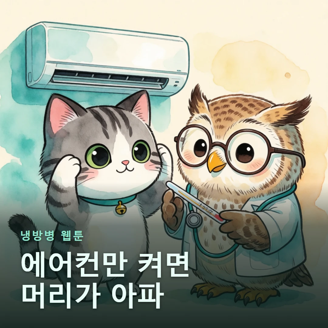 냉방병 웹툰 표지 — 에어컨만 켜면 머리가 아파