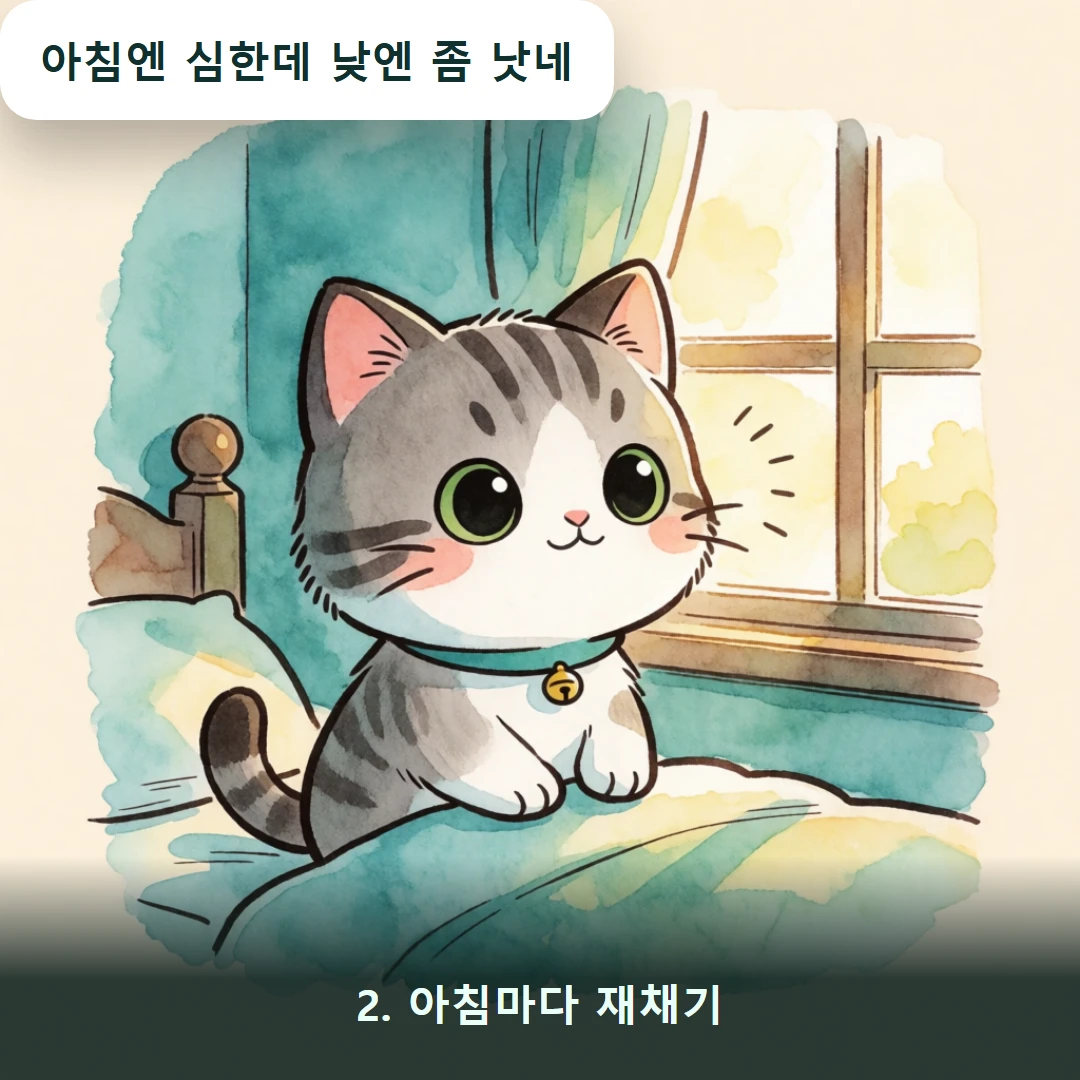 웹툰 2컷 — 2. 아침마다 재채기 (아침엔 심한데 낮엔 좀 낫네)