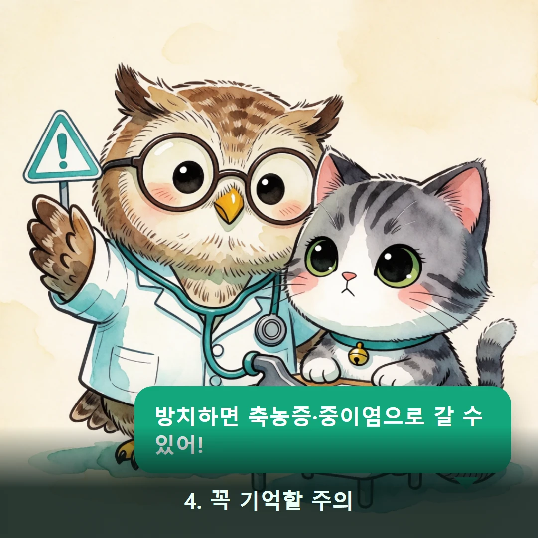 웹툰 4컷 — 4. 꼭 기억할 주의 (방치하면 축농증·중이염으로 갈 수 있어!)