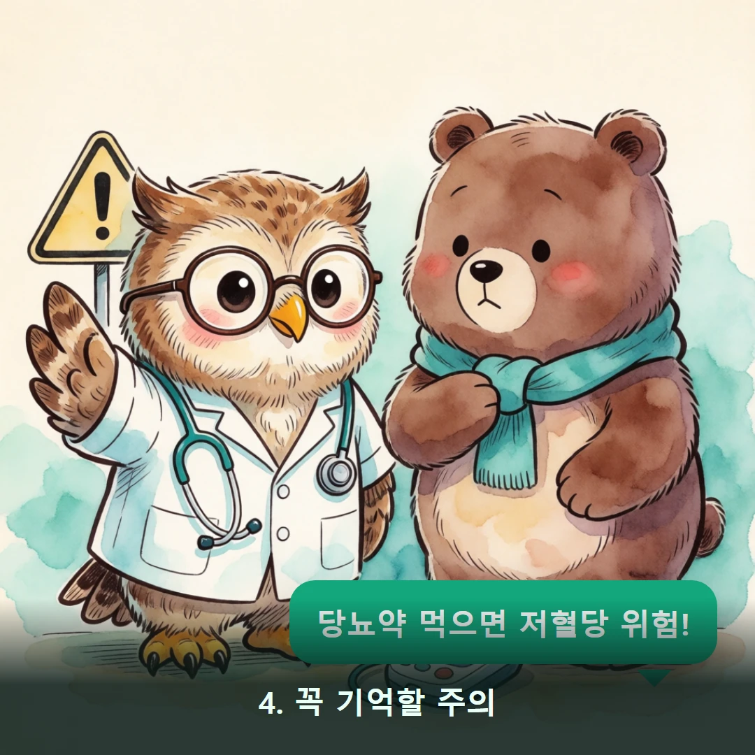 웹툰 4컷 — 4. 꼭 기억할 주의 (당뇨약 먹으면 저혈당 위험!)