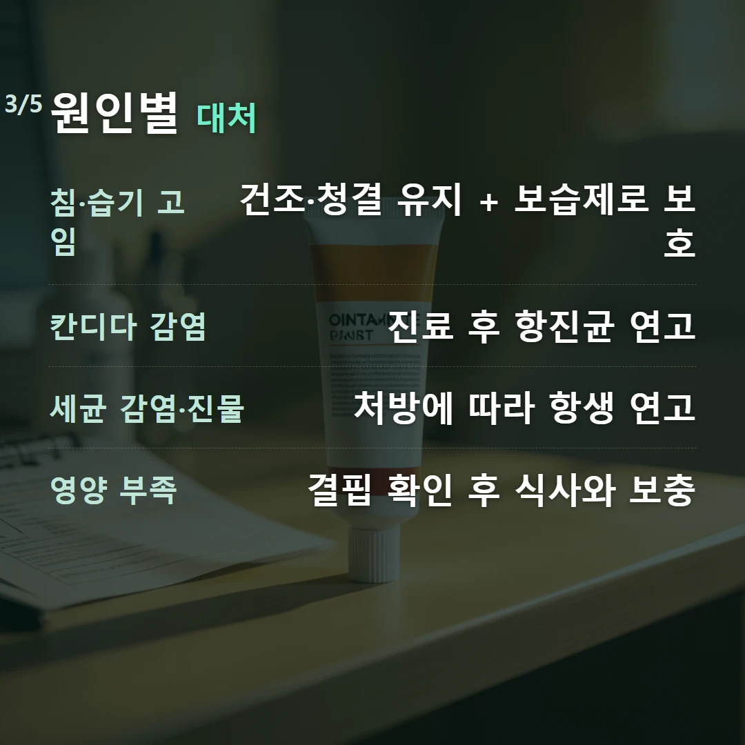 원인별 대처 — 침·습기 고임 건조·청결 유지 + 보습제로 보호, 칸디다 감염 진료 후 항진균 연고, 세균 감염·진물 처방에 따라 항생 연고, 영양 부족 결핍 확인 후 식사와 보충