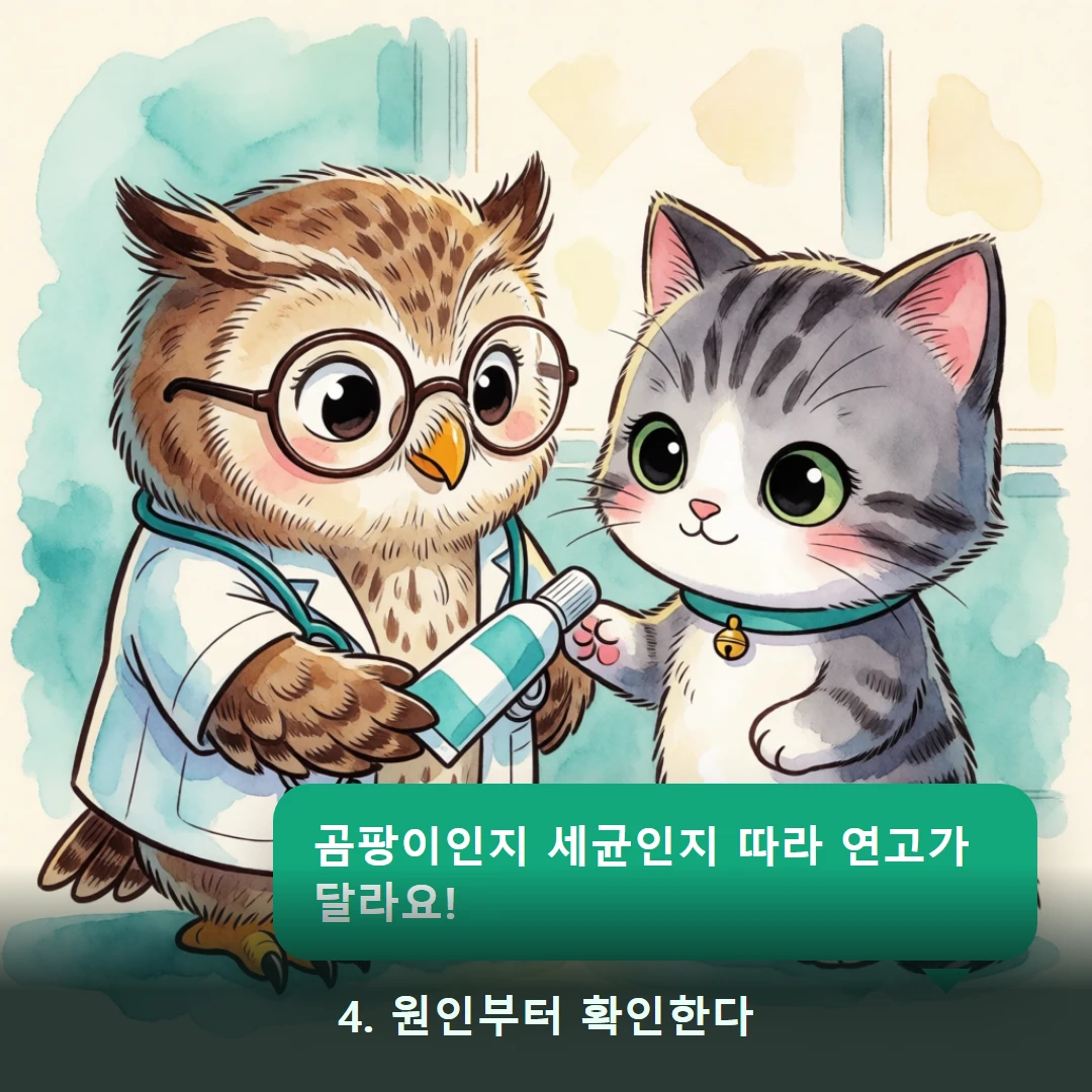 웹툰 4컷 — 4. 원인부터 확인한다 (곰팡이인지 세균인지 따라 연고가 달라요!)