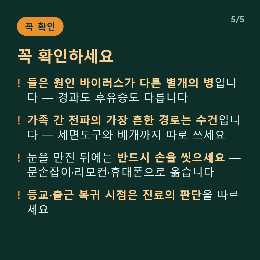 꼭 확인하세요 — 둘은 원인 바이러스가 다른 별개의 병입니다 — 경과도 후유증도 다릅니다 / 가족 간 전파의 가장 흔한 경로는 수건입니다 — 세면도구와 베개까지 따로 쓰세요 / 눈을 만진 뒤에는 반드시 손을 씻으세요 — 문손잡이·리모컨·휴대폰으로 옮습니다 / 등교·출근 복귀 시점은 진료의 판단을 따르세요