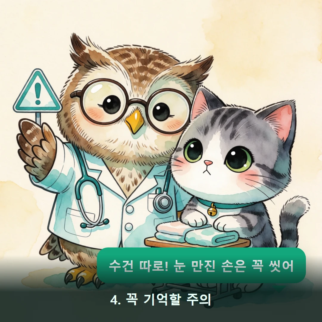 웹툰 4컷 — 4. 꼭 기억할 주의 (수건 따로! 눈 만진 손은 꼭 씻어)