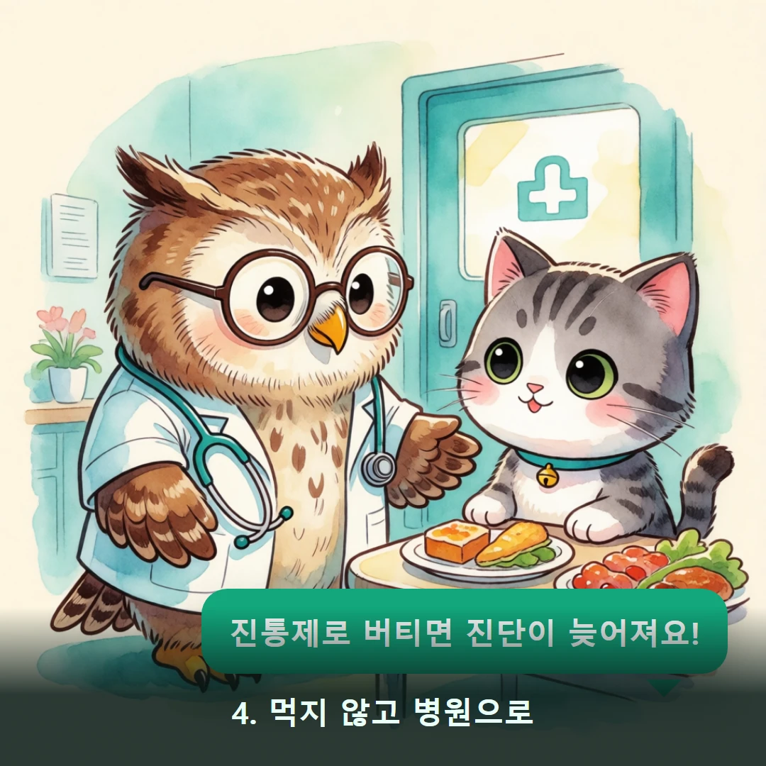 웹툰 4컷 — 4. 먹지 않고 병원으로 (진통제로 버티면 진단이 늦어져요!)