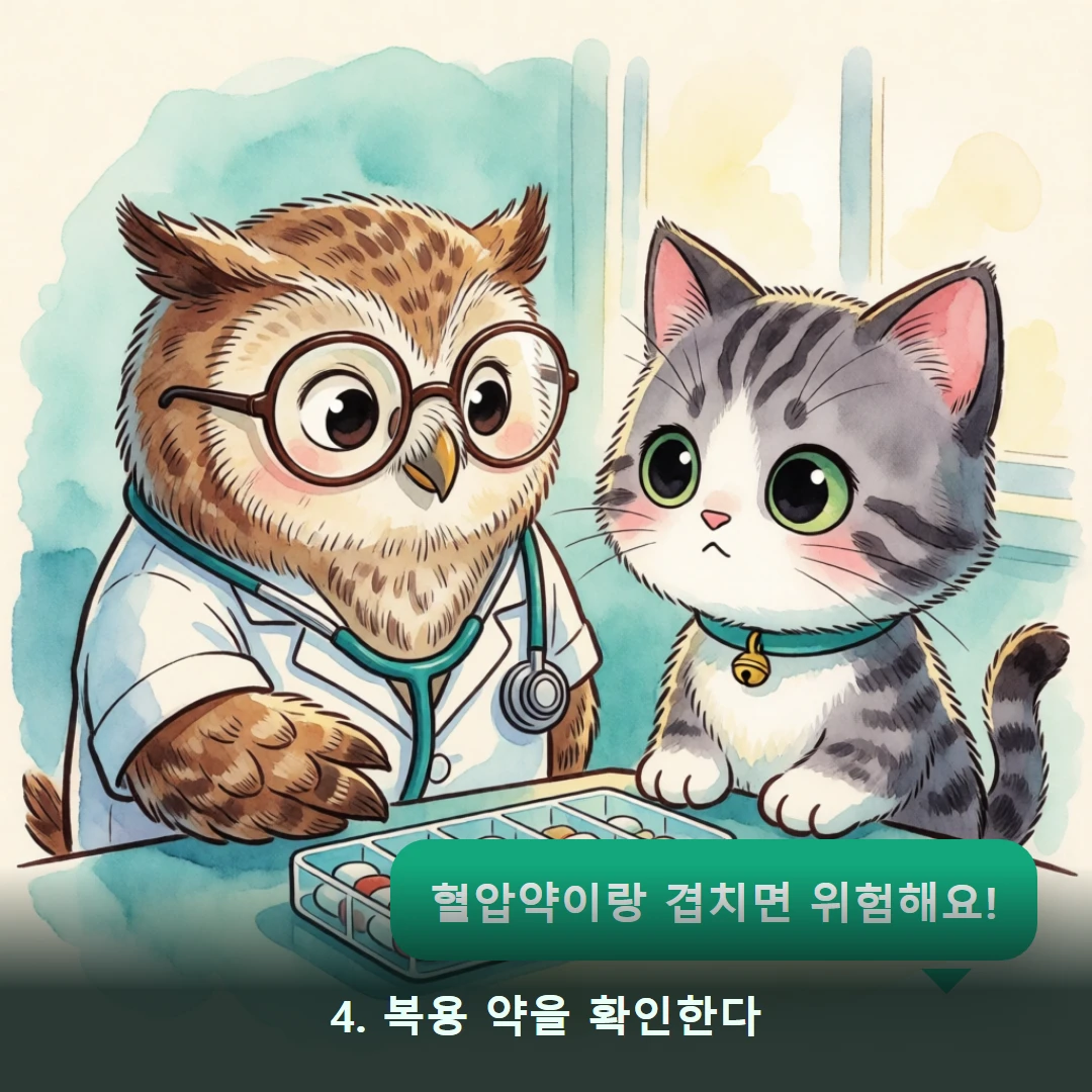 웹툰 4컷 — 4. 복용 약을 확인한다 (혈압약이랑 겹치면 위험해요!)
