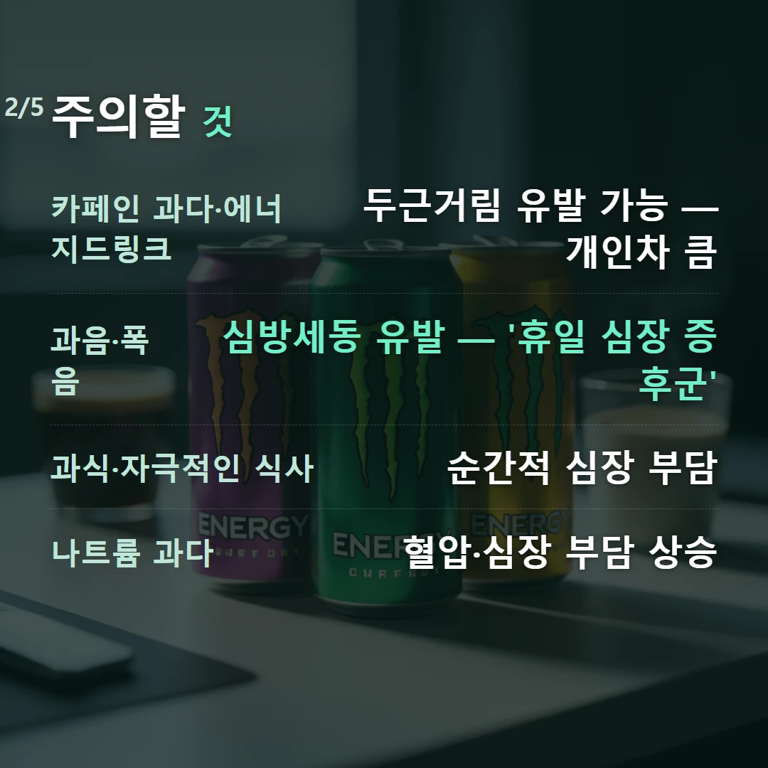 주의할 것 — 카페인 과다·에너지드링크 두근거림 유발 가능 — 개인차 큼, 과음·폭음 심방세동 유발 — '휴일 심장 증후군', 과식·자극적인 식사 순간적 심장 부담, 나트륨 과다 혈압·심장 부담 상승