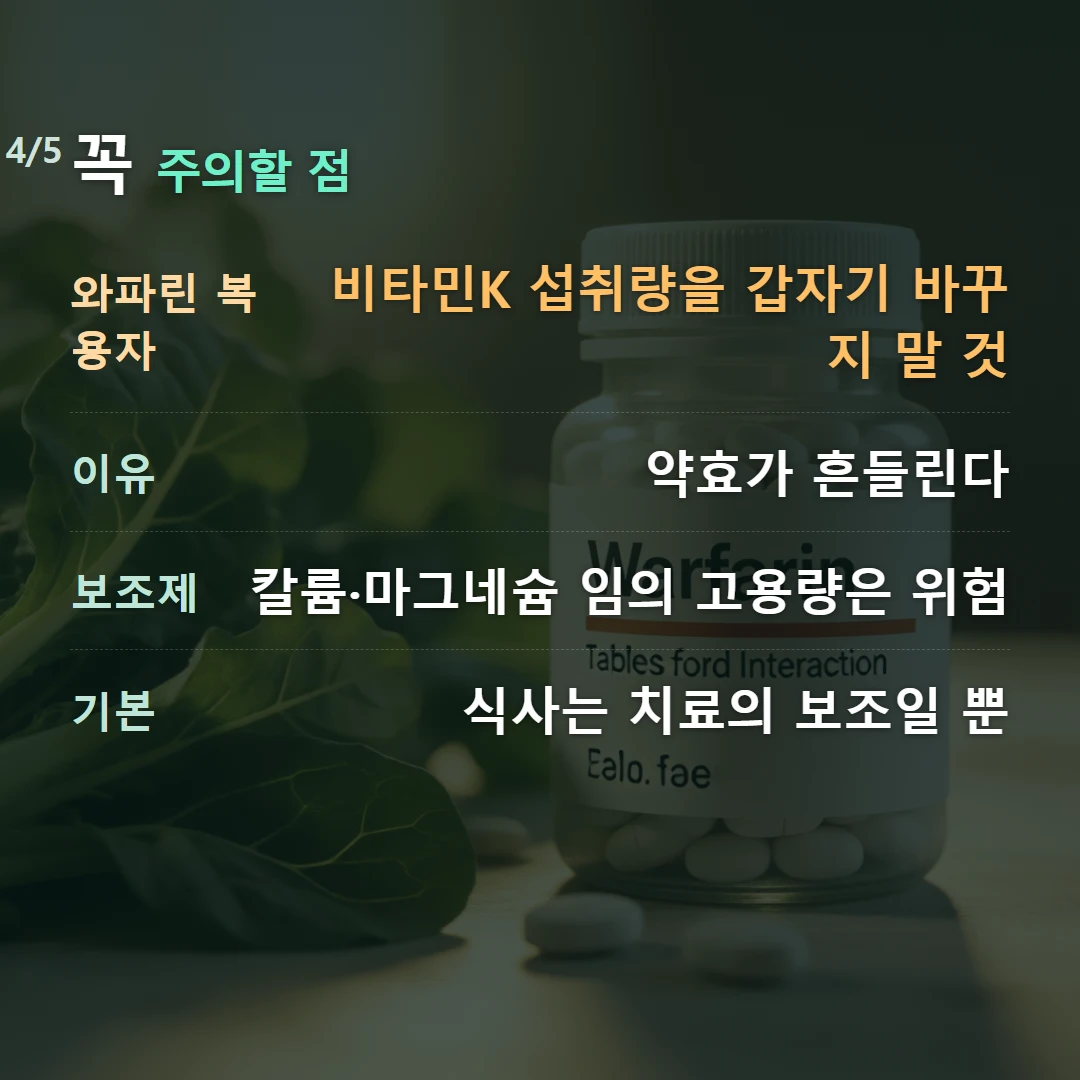 꼭 주의할 점 — 와파린 복용자 비타민K 섭취량을 갑자기 바꾸지 말 것, 이유 약효가 흔들린다, 보조제 칼륨·마그네슘 임의 고용량은 위험, 기본 식사는 치료의 보조일 뿐