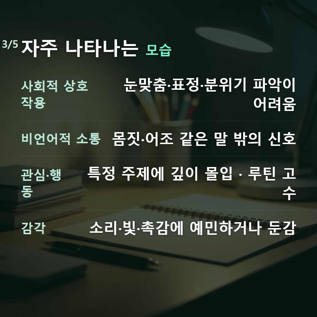 자주 나타나는 모습 — 사회적 상호작용 눈맞춤·표정·분위기 파악이 어려움, 비언어적 소통 몸짓·어조 같은 말 밖의 신호, 관심·행동 특정 주제에 깊이 몰입 · 루틴 고수, 감각 소리·빛·촉감에 예민하거나 둔감