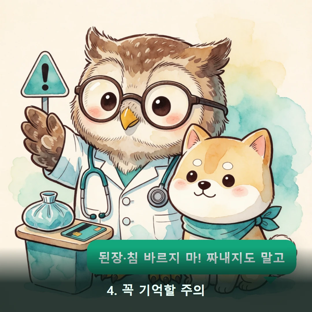웹툰 4컷 — 4. 꼭 기억할 주의 (된장·침 바르지 마! 짜내지도 말고)