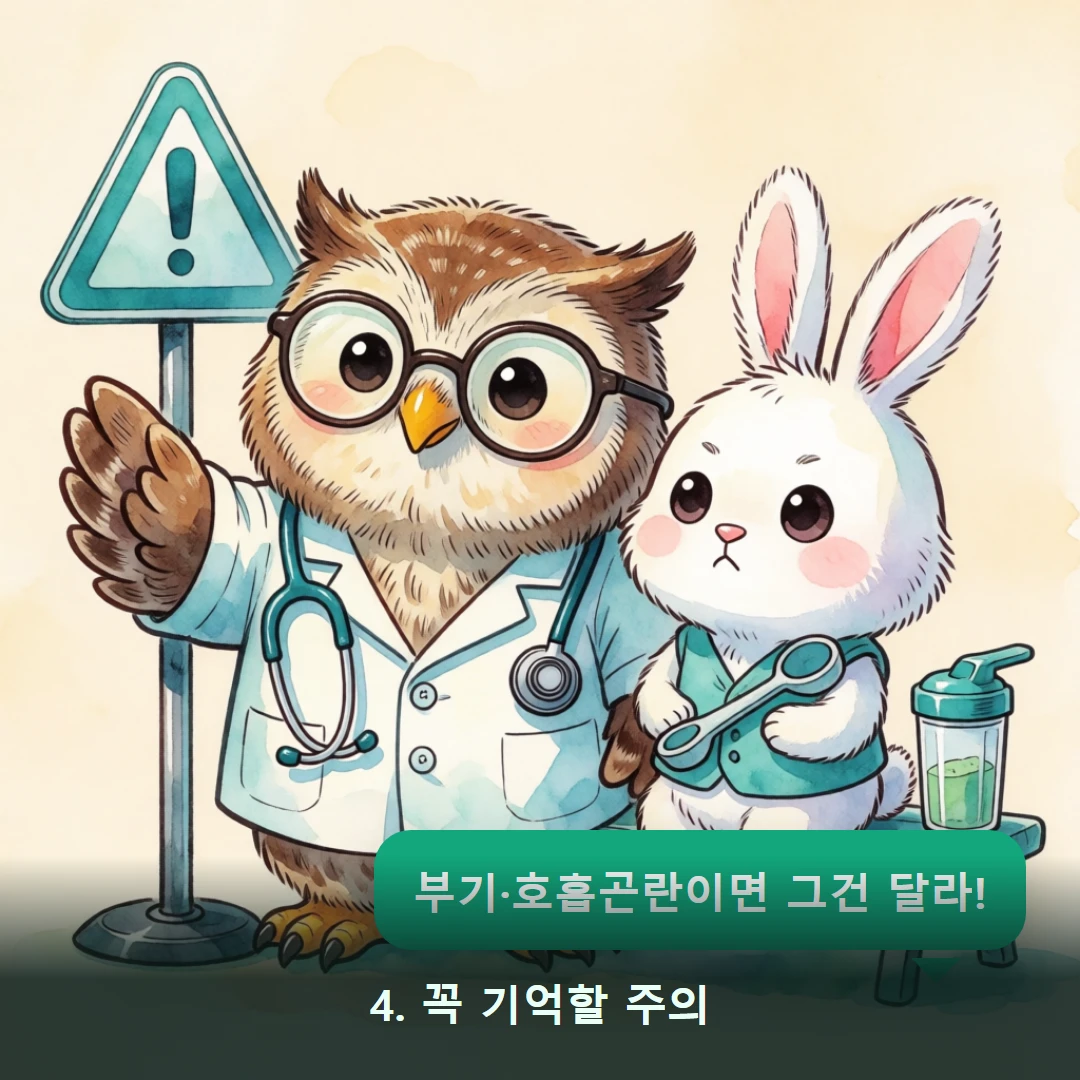 웹툰 4컷 — 4. 꼭 기억할 주의 (부기·호흡곤란이면 그건 달라!)