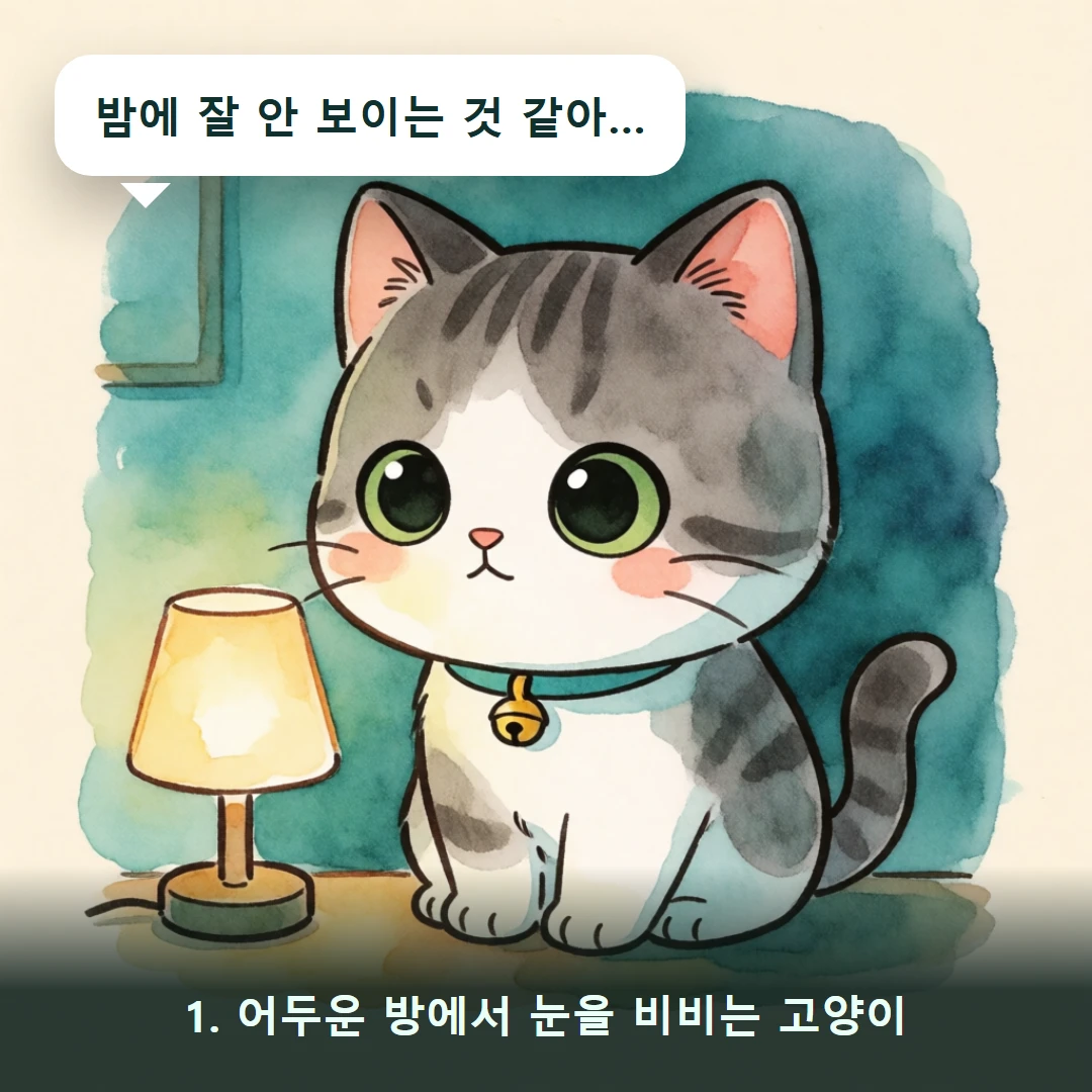 웹툰 1컷 — 1. 어두운 방에서 눈을 비비는 고양이 (밤에 잘 안 보이는 것 같아…)