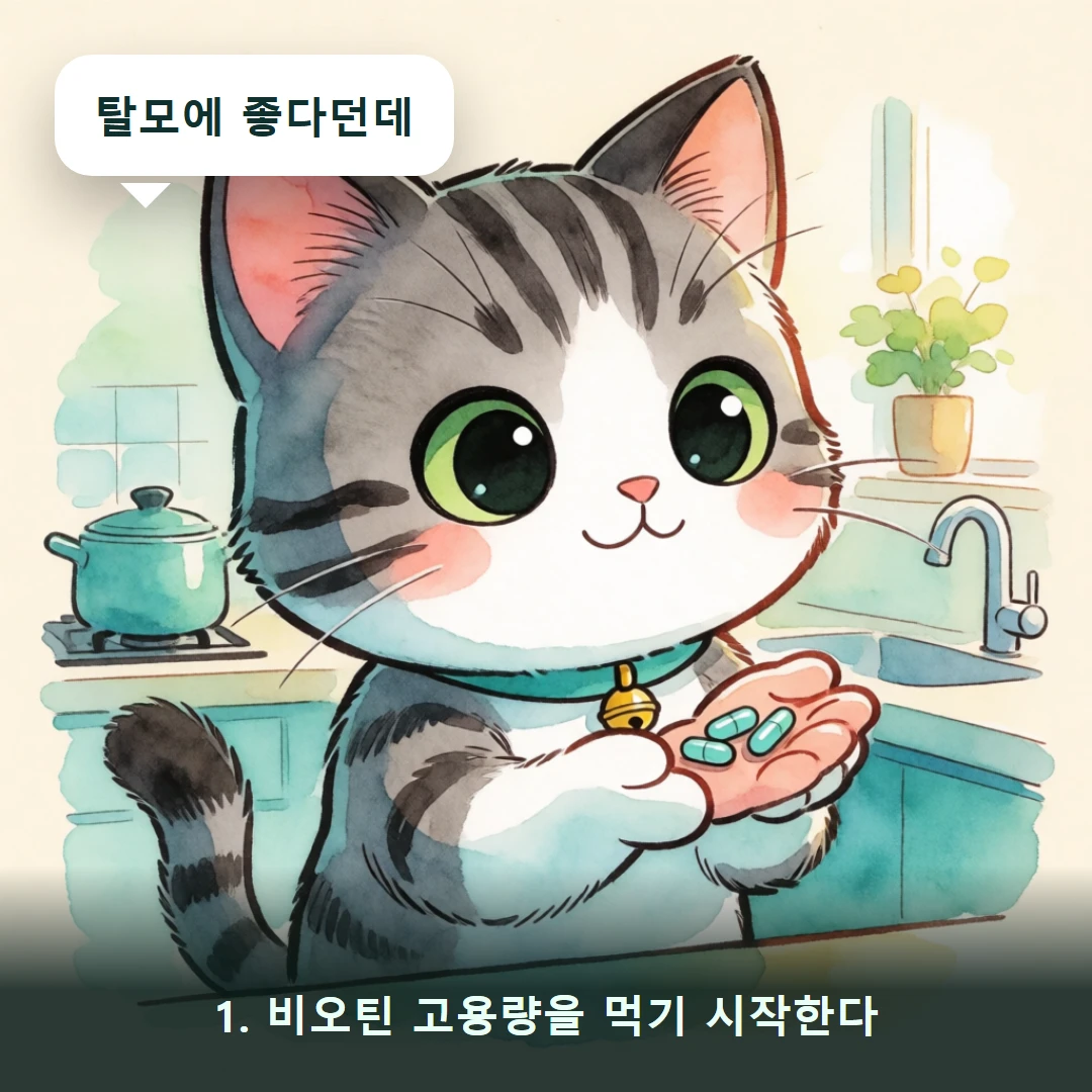 웹툰 1컷 — 1. 비오틴 고용량을 먹기 시작한다 (탈모에 좋다던데)