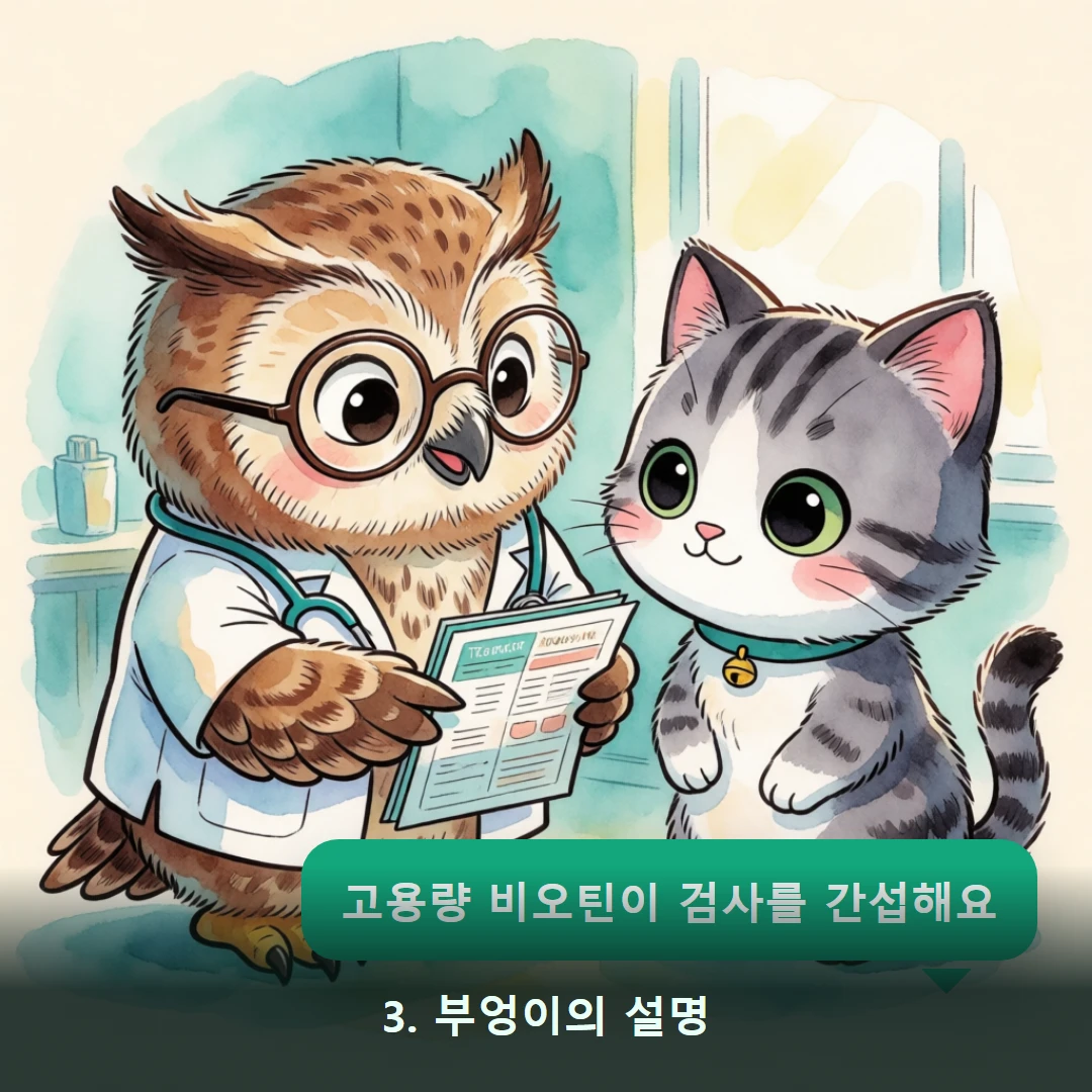 웹툰 3컷 — 3. 부엉이의 설명 (고용량 비오틴이 검사를 간섭해요)