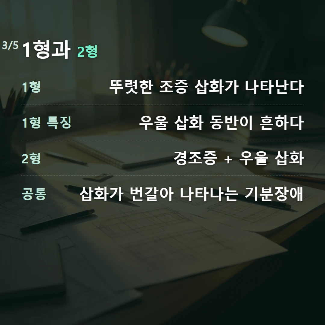 1형과 2형 — 1형 뚜렷한 조증 삽화가 나타난다, 1형 특징 우울 삽화 동반이 흔하다, 2형 경조증 + 우울 삽화, 공통 삽화가 번갈아 나타나는 기분장애