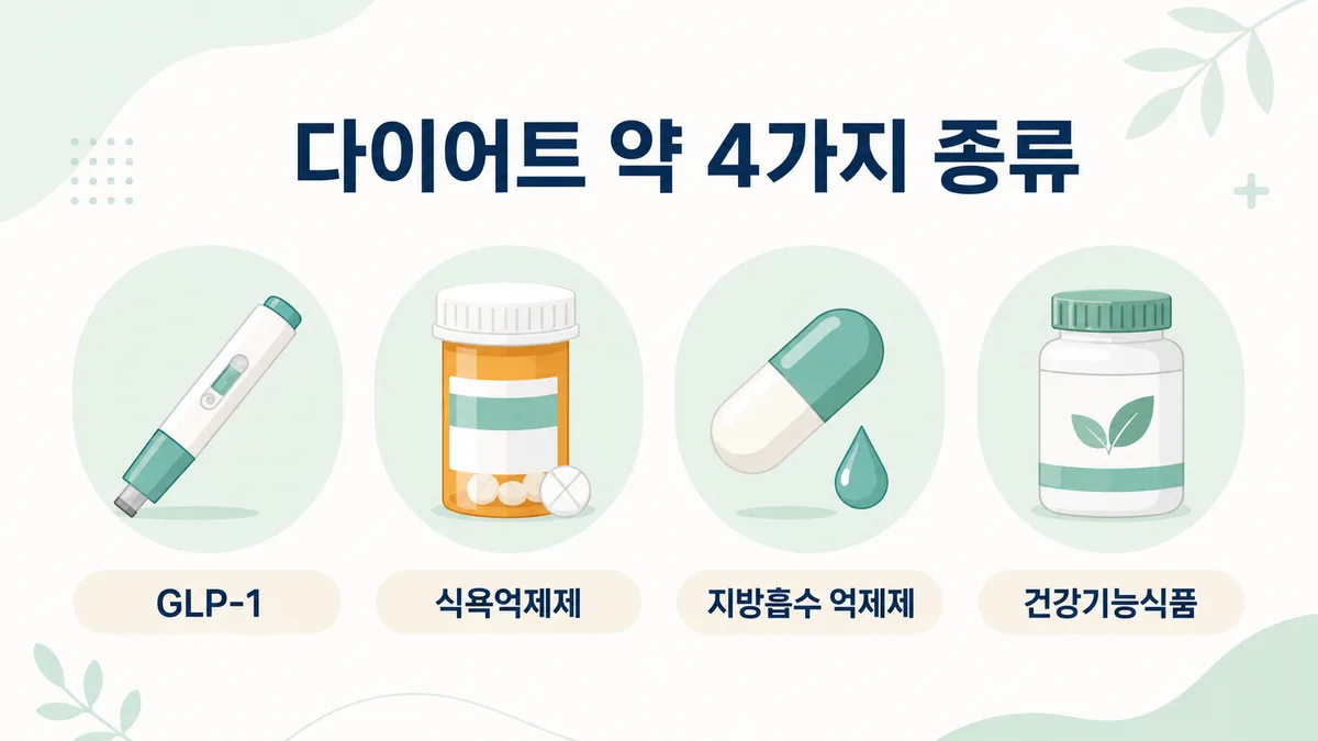 다이어트 약 종류 비교 도표 — GLP-1, 식욕억제제, 지방흡수 억제제, 건강기능식품