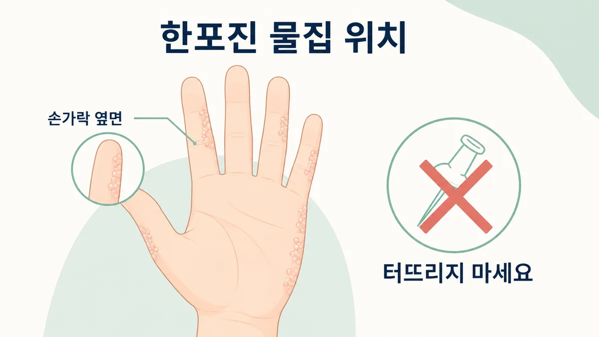 한포진 물집 특징 도식 — 손가락 옆면과 손바닥에 생기는 작고 깊은 물집