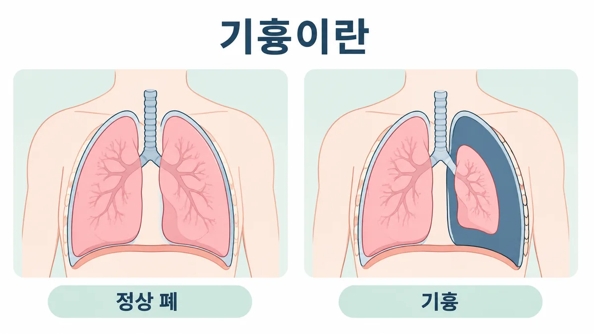 기흉 도식 — 정상 폐와 공기가 새어 쭈그러든 폐 비교