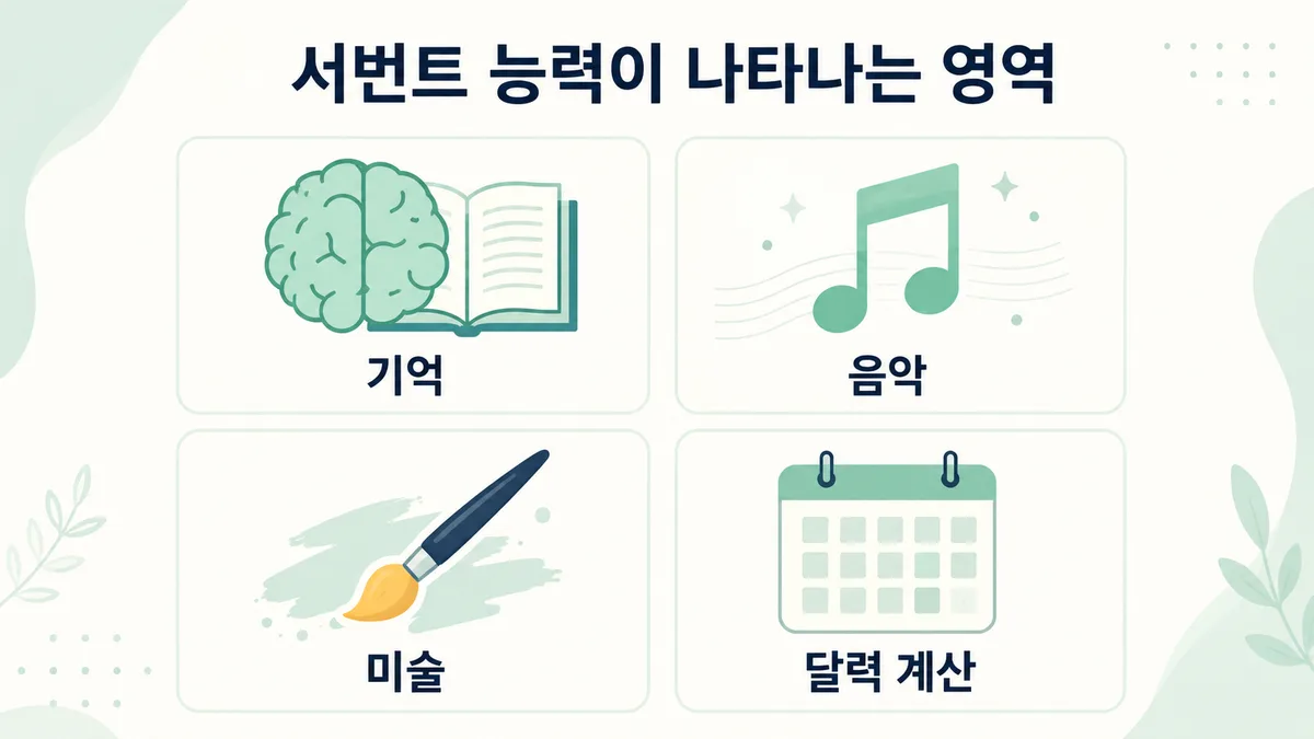 서번트 증후군에서 나타나는 능력 영역 도표 — 기억, 음악, 미술, 달력 계산
