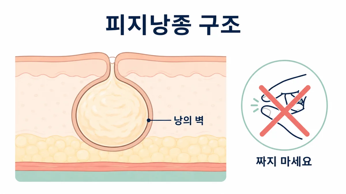 피지낭종 구조 도식 — 피부 아래 주머니와 중앙 개구부, 짜면 안 되는 이유