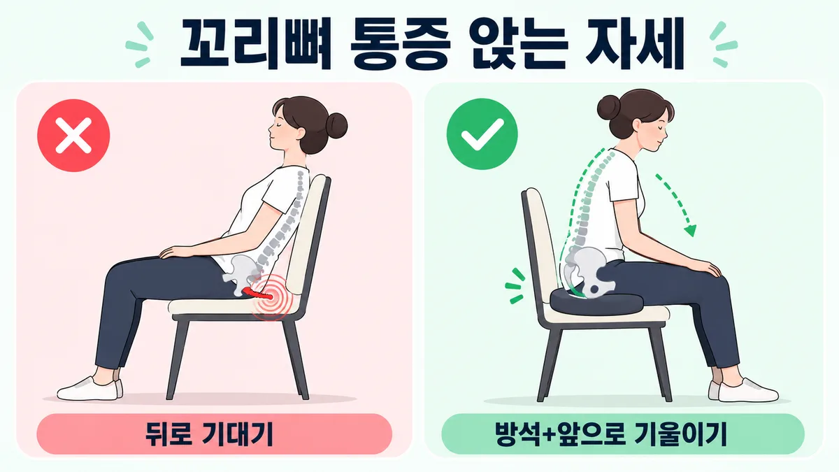 꼬리뼈 통증 완화를 위한 앉는 자세 도표 — 도넛 방석 사용과 앞으로 살짝 기울여 앉기