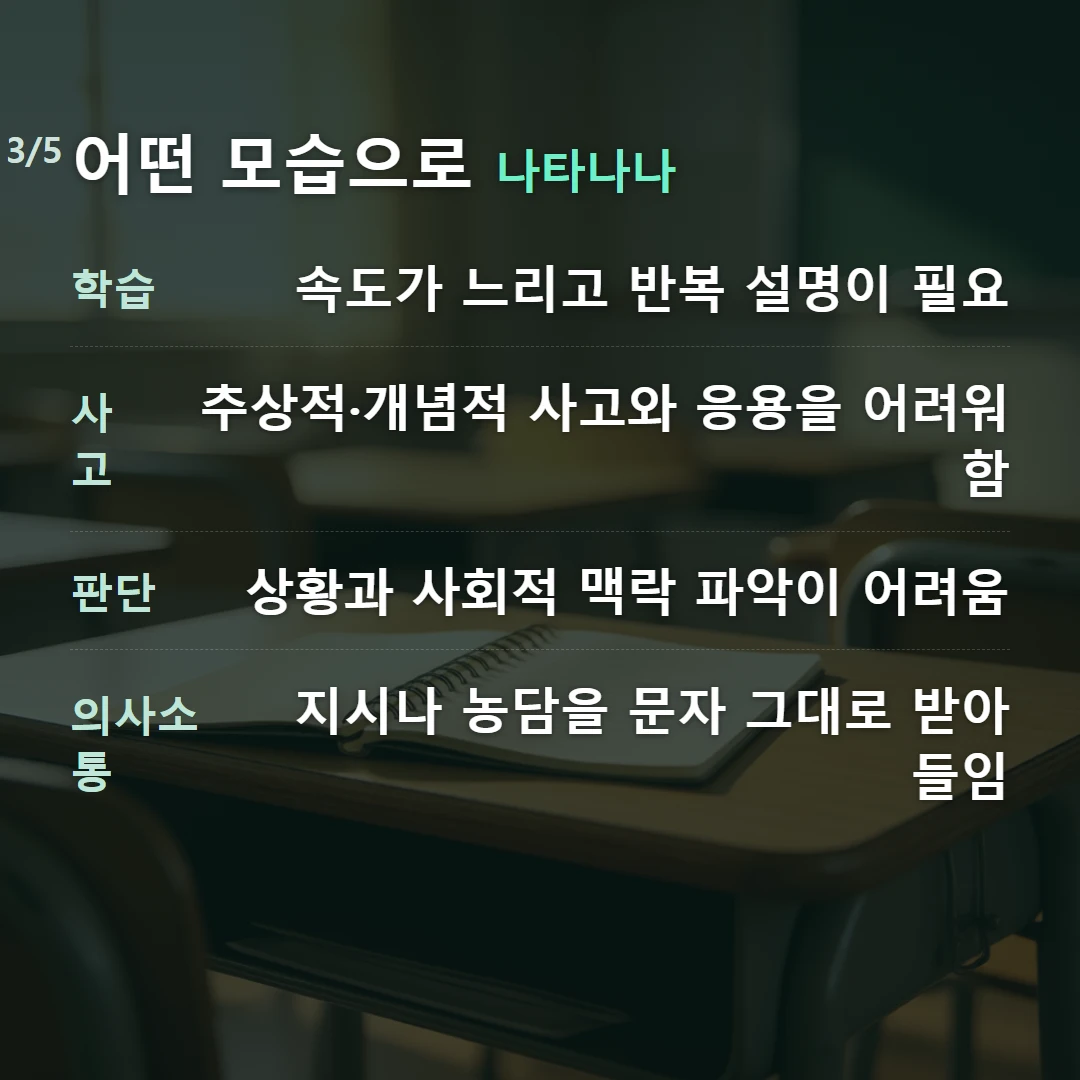 어떤 모습으로 나타나나 — 학습 속도가 느리고 반복 설명이 필요, 사고 추상적·개념적 사고와 응용을 어려워함, 판단 상황과 사회적 맥락 파악이 어려움, 의사소통 지시나 농담을 문자 그대로 받아들임