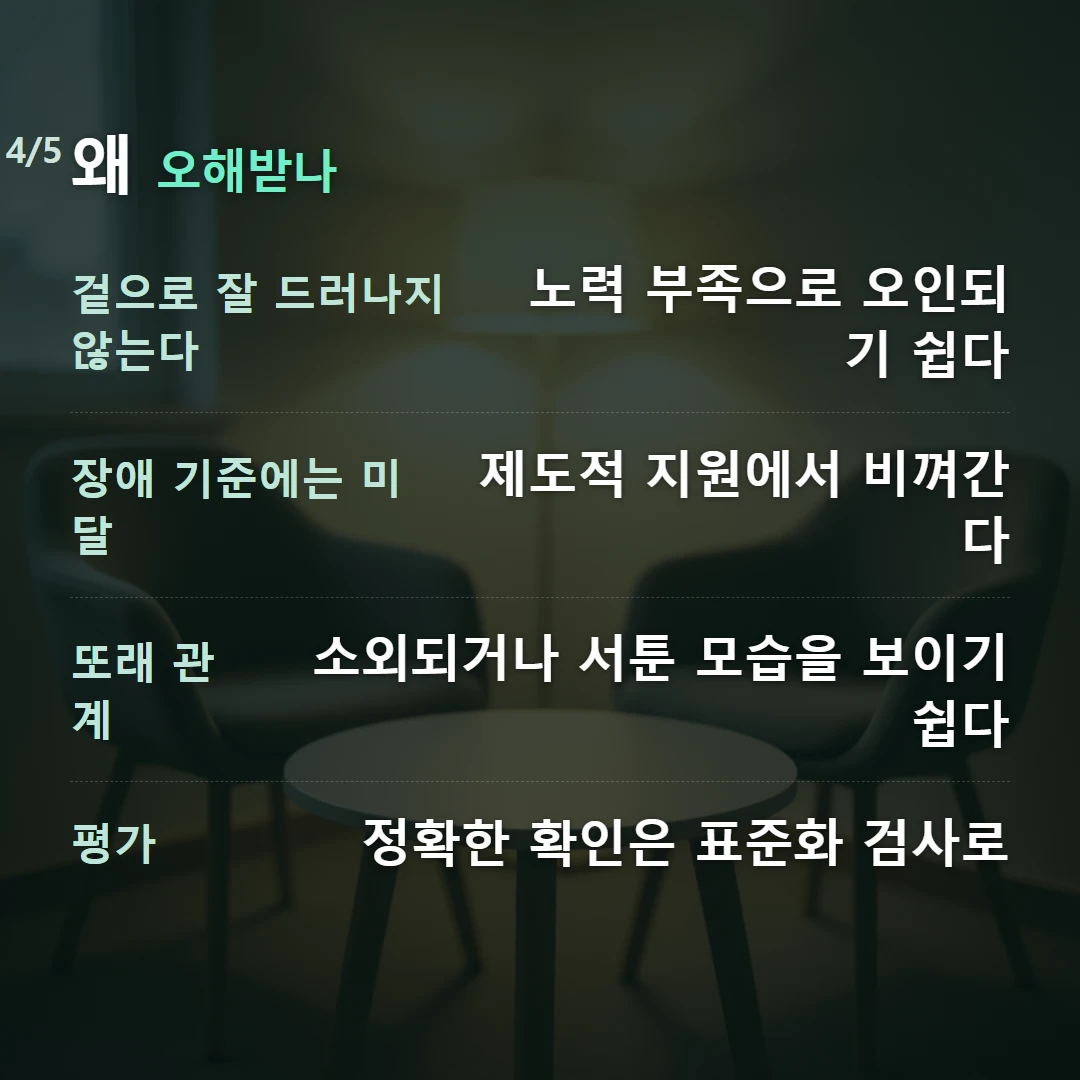 왜 오해받나 — 겉으로 잘 드러나지 않는다 노력 부족으로 오인되기 쉽다, 장애 기준에는 미달 제도적 지원에서 비껴간다, 또래 관계 소외되거나 서툰 모습을 보이기 쉽다, 평가 정확한 확인은 표준화 검사로