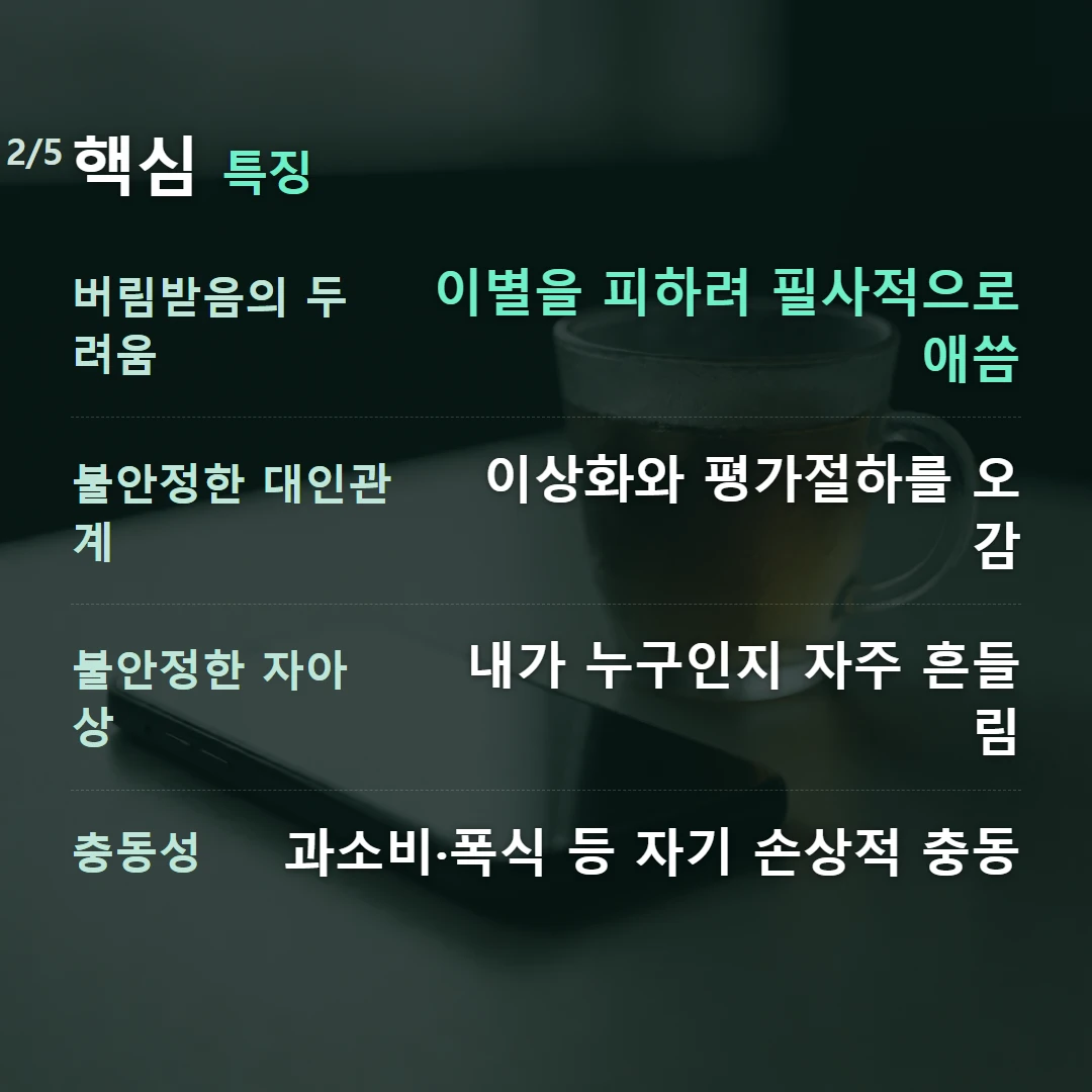 핵심 특징 — 버림받음의 두려움 이별을 피하려 필사적으로 애씀, 불안정한 대인관계 이상화와 평가절하를 오감, 불안정한 자아상 내가 누구인지 자주 흔들림, 충동성 과소비·폭식 등 자기 손상적 충동