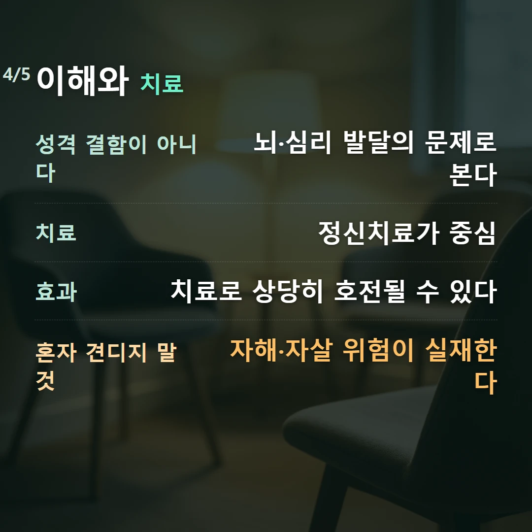 이해와 치료 — 성격 결함이 아니다 뇌·심리 발달의 문제로 본다, 치료 정신치료가 중심, 효과 치료로 상당히 호전될 수 있다, 혼자 견디지 말 것 자해·자살 위험이 실재한다