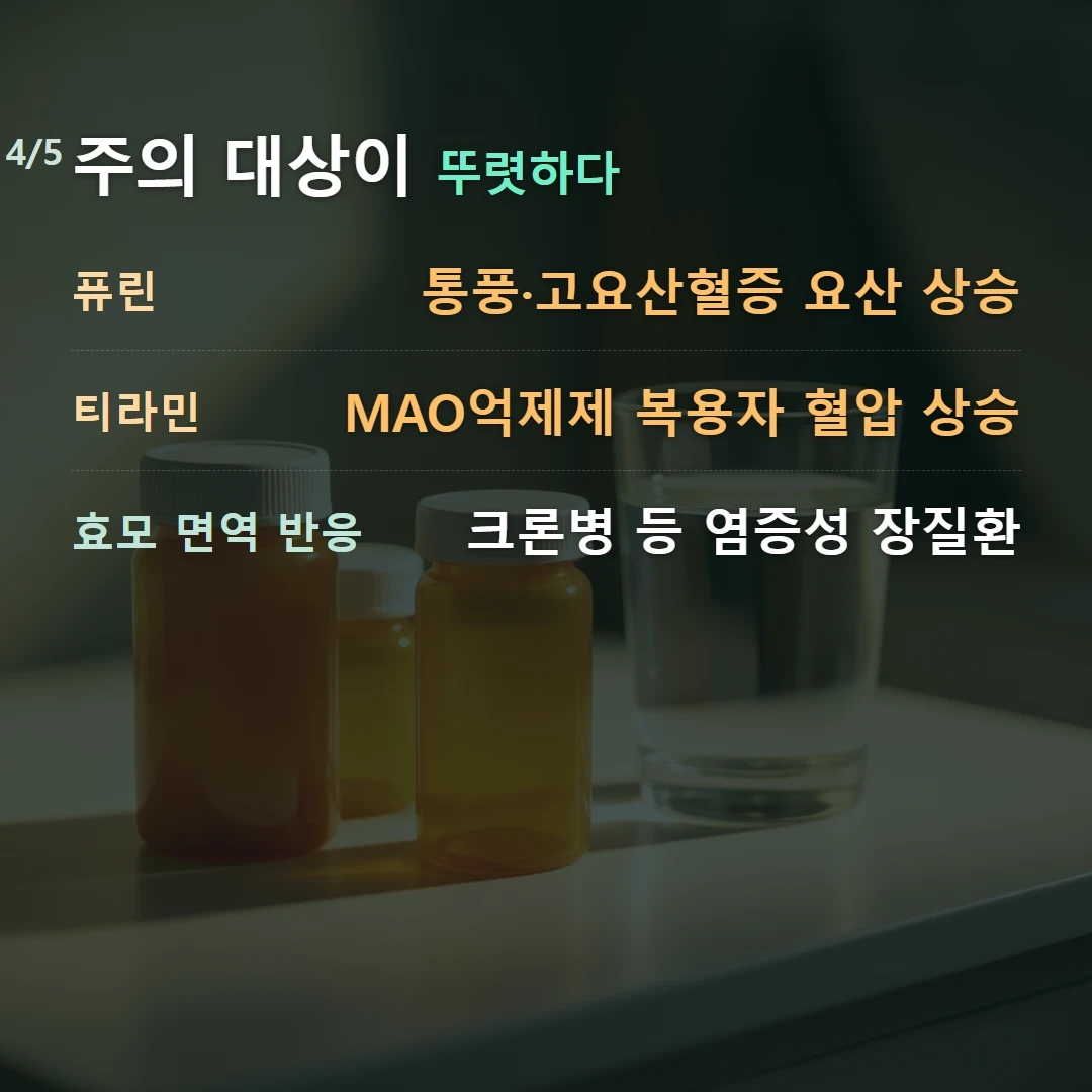 주의 대상이 뚜렷하다 — 퓨린 통풍·고요산혈증 요산 상승, 티라민 MAO억제제 복용자 혈압 상승, 효모 면역 반응 크론병 등 염증성 장질환