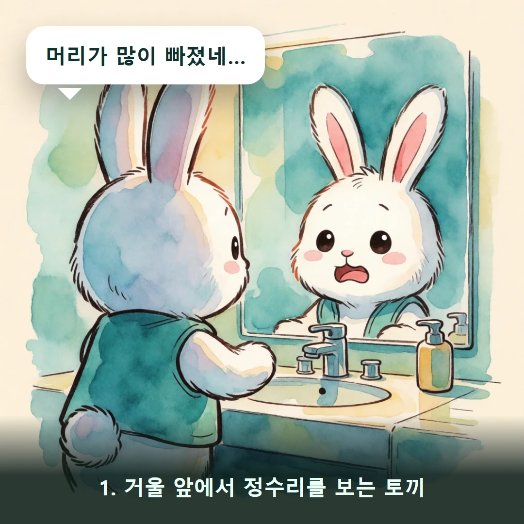 웹툰 1컷 — 1. 거울 앞에서 정수리를 보는 토끼 (머리가 많이 빠졌네…)