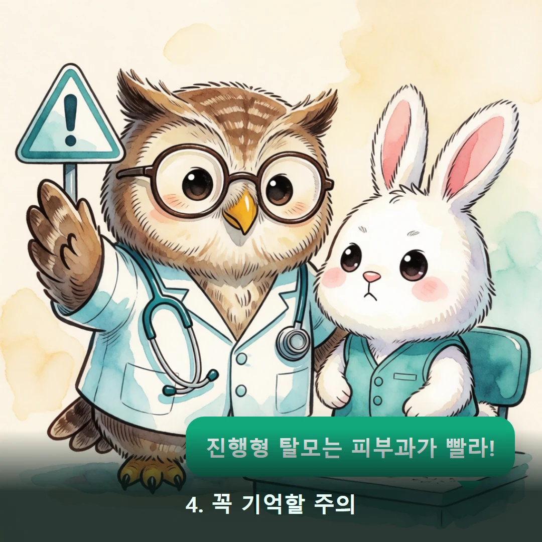 웹툰 4컷 — 4. 꼭 기억할 주의 (진행형 탈모는 피부과가 빨라!)