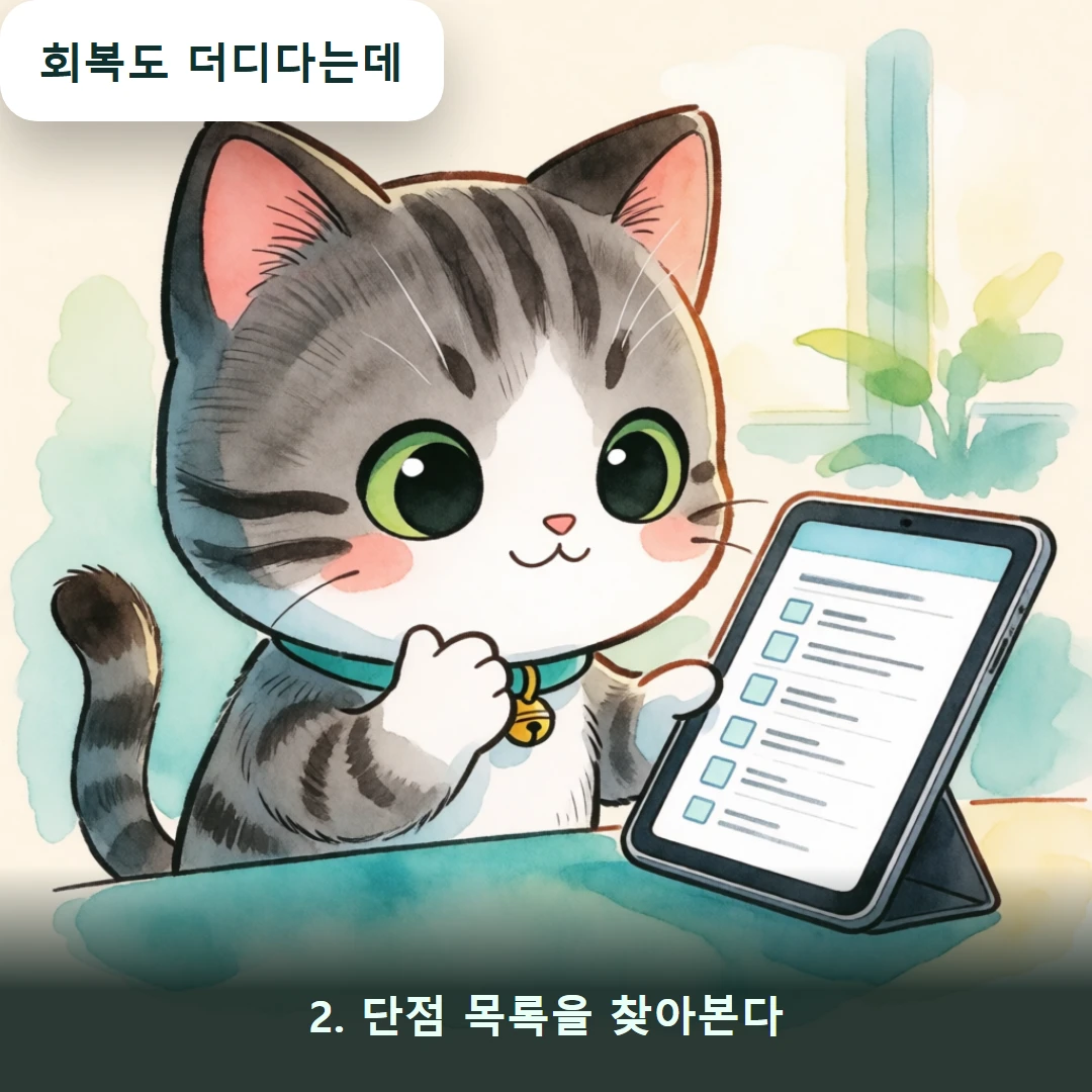웹툰 2컷 — 2. 단점 목록을 찾아본다 (회복도 더디다는데)