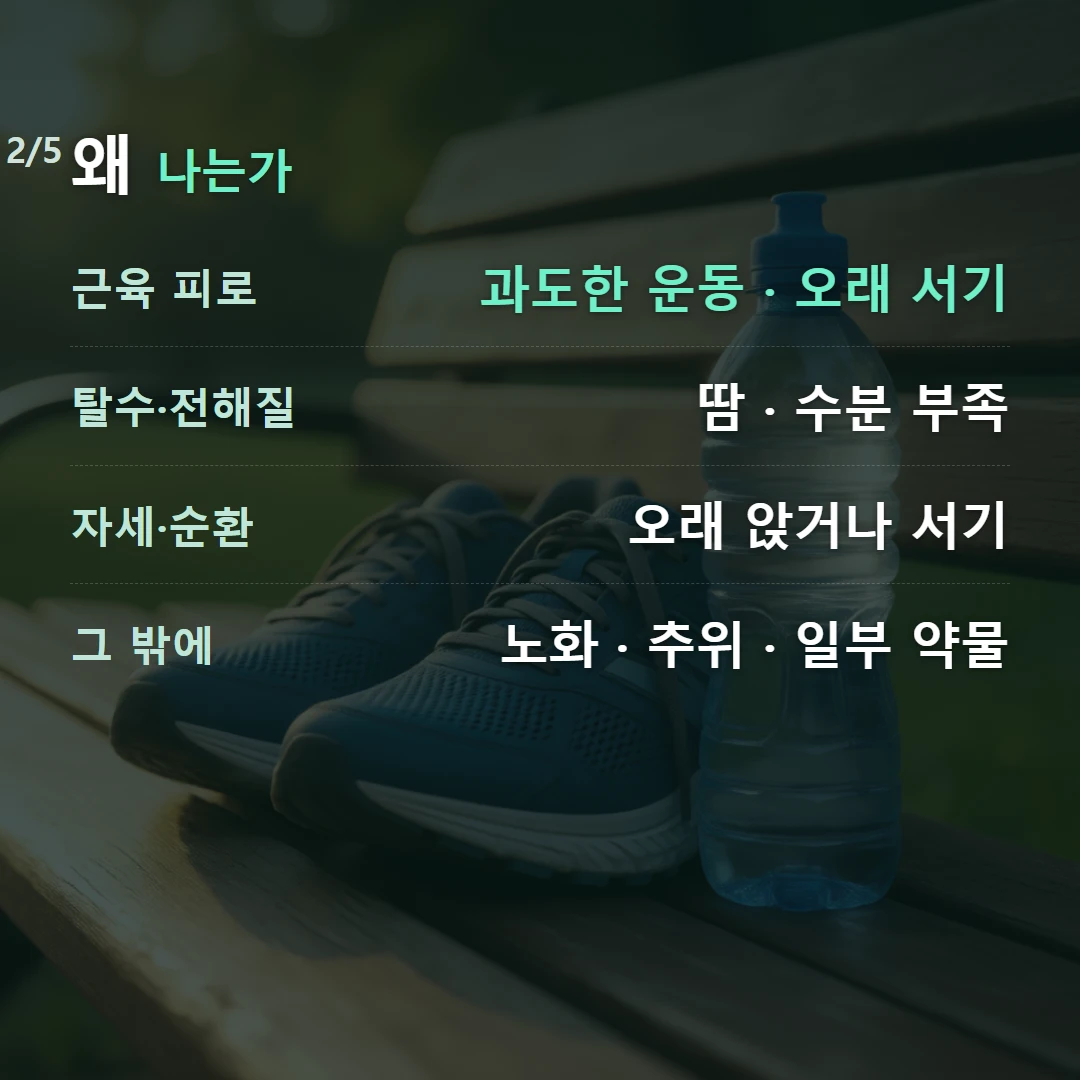 왜 나는가 — 근육 피로 과도한 운동 · 오래 서기, 탈수·전해질 땀 · 수분 부족, 자세·순환 오래 앉거나 서기, 그 밖에 노화 · 추위 · 일부 약물