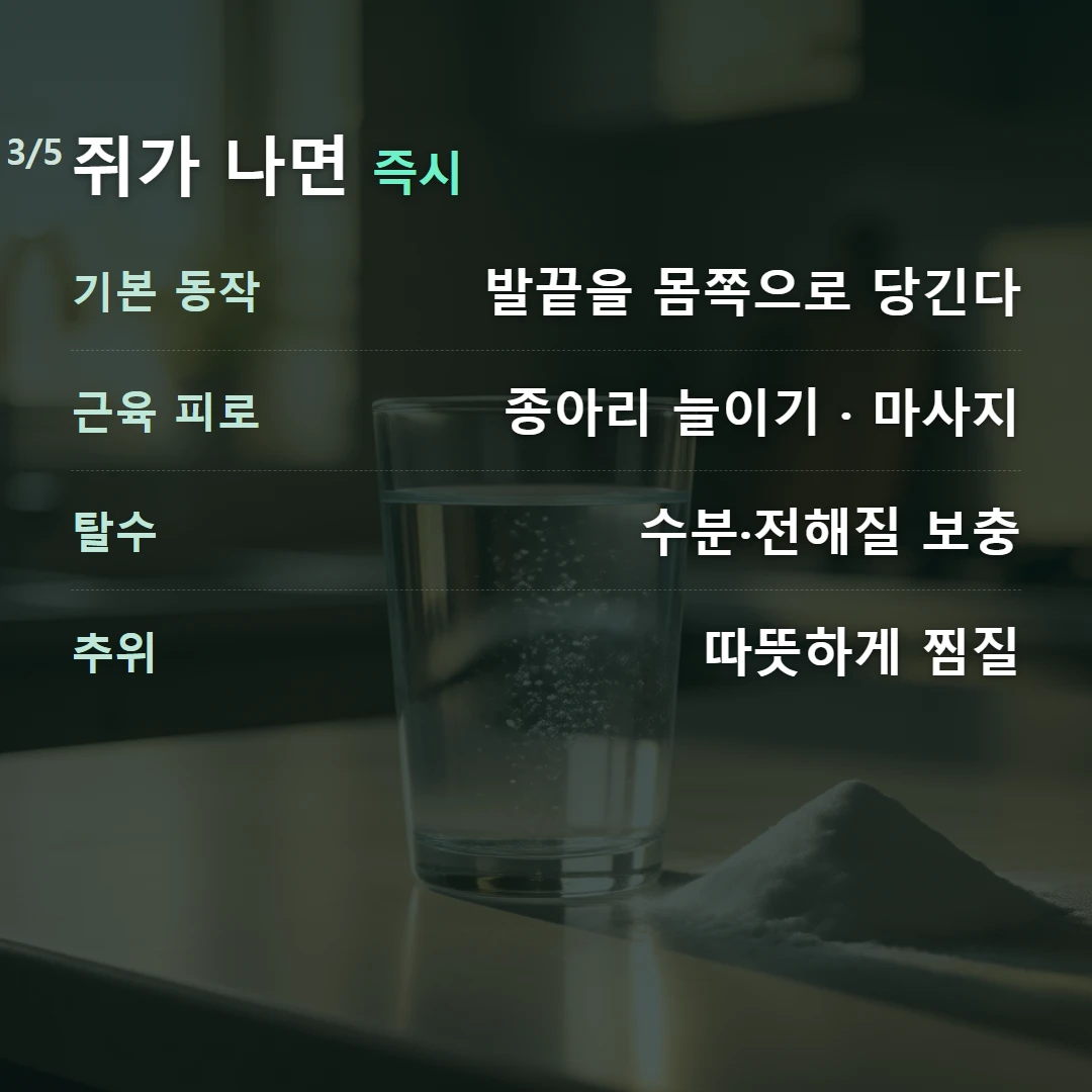 쥐가 나면 즉시 — 기본 동작 발끝을 몸쪽으로 당긴다, 근육 피로 종아리 늘이기 · 마사지, 탈수 수분·전해질 보충, 추위 따뜻하게 찜질