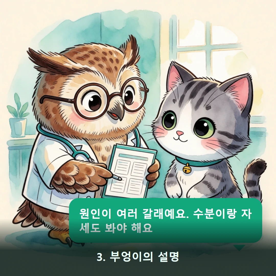 웹툰 3컷 — 3. 부엉이의 설명 (원인이 여러 갈래예요. 수분이랑 자세도 봐야 해요)