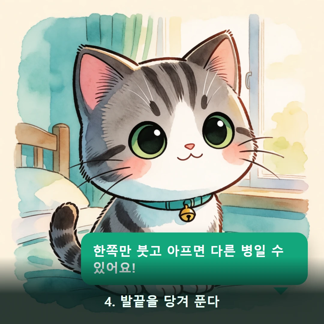 웹툰 4컷 — 4. 발끝을 당겨 푼다 (한쪽만 붓고 아프면 다른 병일 수 있어요!)