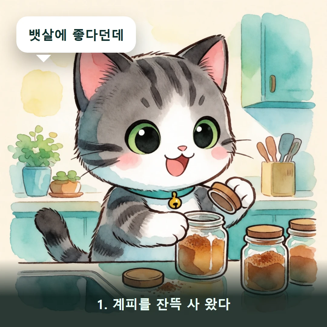 웹툰 1컷 — 1. 계피를 잔뜩 사 왔다 (뱃살에 좋다던데)