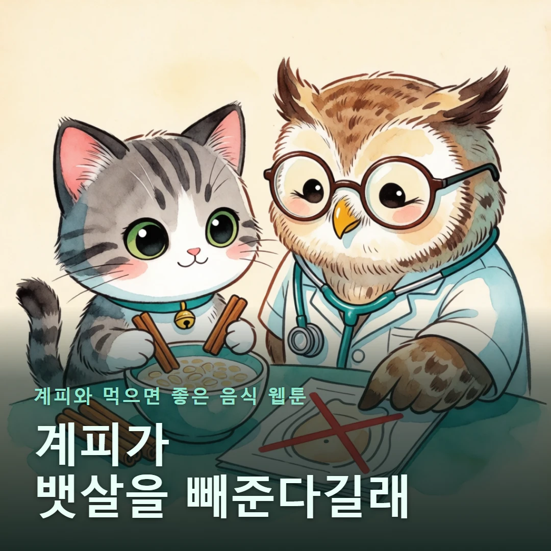 계피와 먹으면 좋은 음식 웹툰 표지 — 계피가 뱃살을 빼준다길래