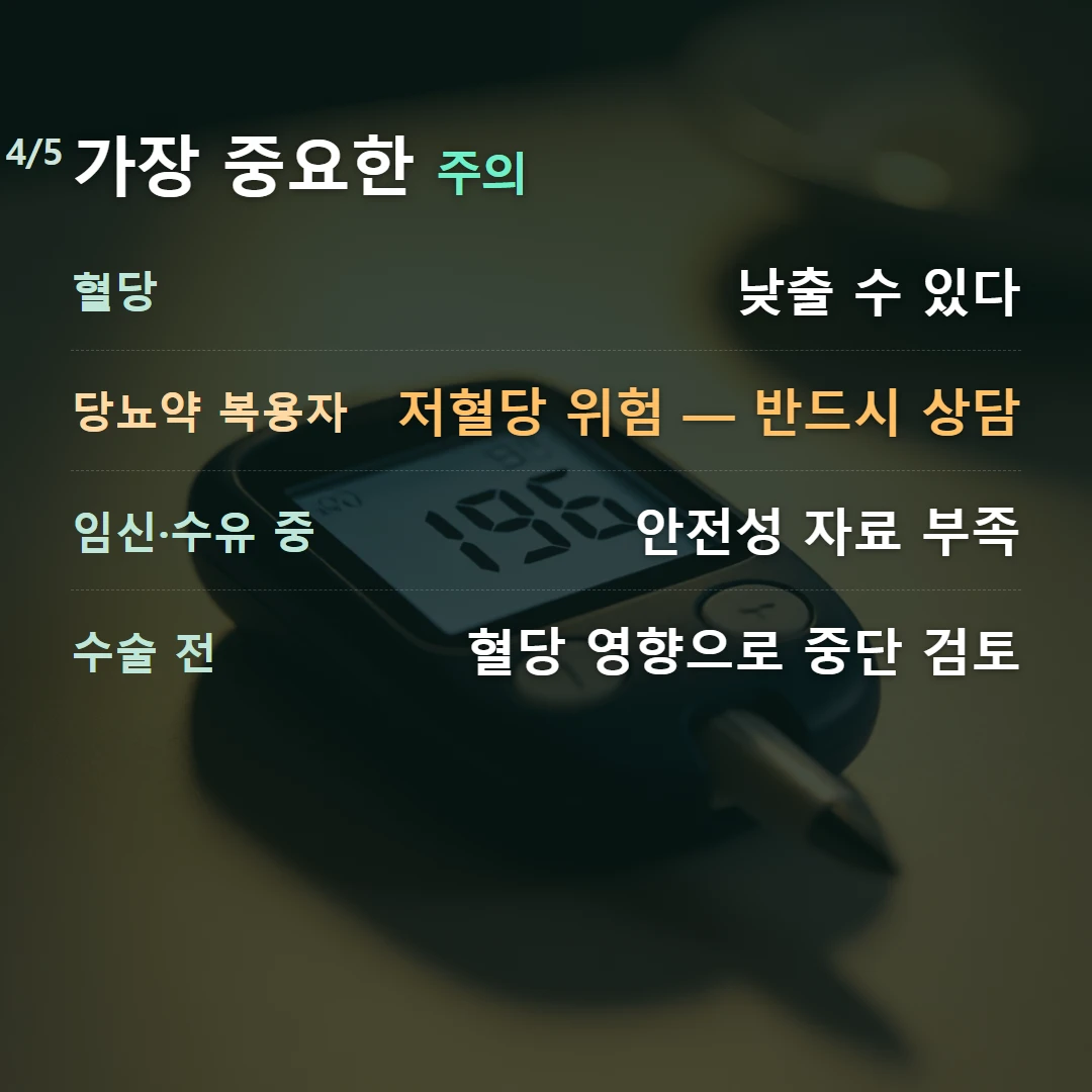 가장 중요한 주의 — 혈당 낮출 수 있다, 당뇨약 복용자 저혈당 위험 — 반드시 상담, 임신·수유 중 안전성 자료 부족, 수술 전 혈당 영향으로 중단 검토