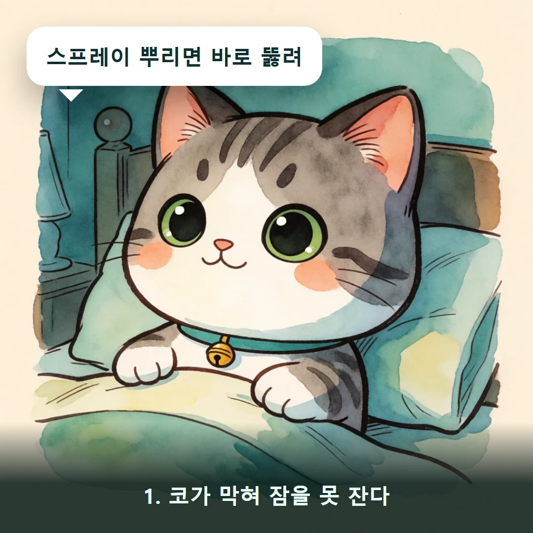 웹툰 1컷 — 1. 코가 막혀 잠을 못 잔다 (스프레이 뿌리면 바로 뚫려)