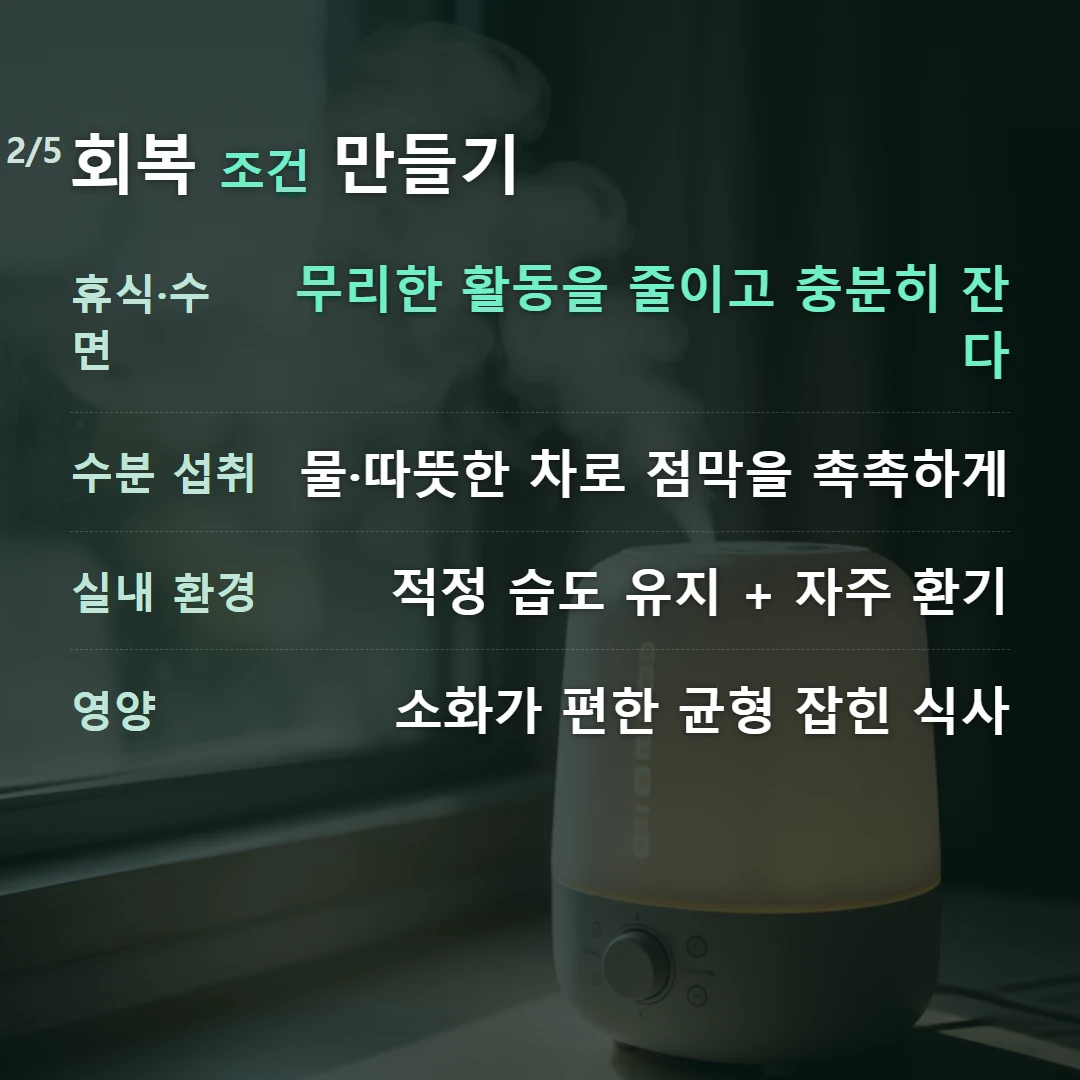 회복 조건 만들기 — 휴식·수면 무리한 활동을 줄이고 충분히 잔다, 수분 섭취 물·따뜻한 차로 점막을 촉촉하게, 실내 환경 적정 습도 유지 + 자주 환기, 영양 소화가 편한 균형 잡힌 식사