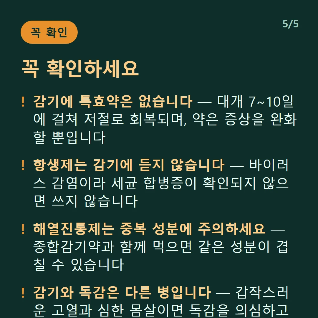 꼭 확인하세요 — 감기에 특효약은 없습니다 — 대개 7~10일에 걸쳐 저절로 회복되며, 약은 증상을 완화할 뿐입니다 / 항생제는 감기에 듣지 않습니다 — 바이러스 감염이라 세균 합병증이 확인되지 않으면 쓰지 않습니다 / 해열진통제는 중복 성분에 주의하세요 — 종합감기약과 함께 먹으면 같은 성분이 겹칠 수 있습니다 / 감기와 독감은 다른 병입니다 — 갑작스러운 고열과 심한 몸살이면 독감을 의심하고 진료받는 편이 낫습니다
