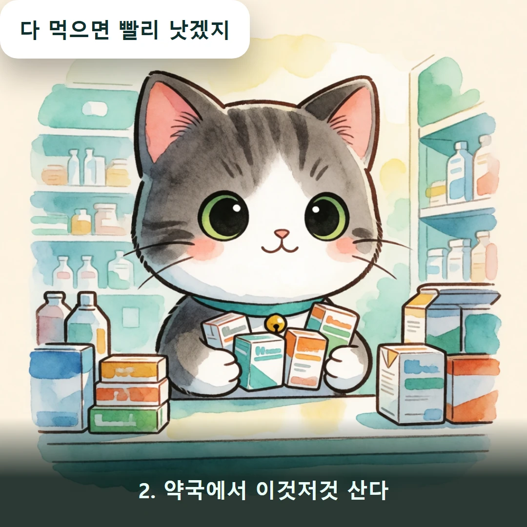 웹툰 2컷 — 2. 약국에서 이것저것 산다 (다 먹으면 빨리 낫겠지)