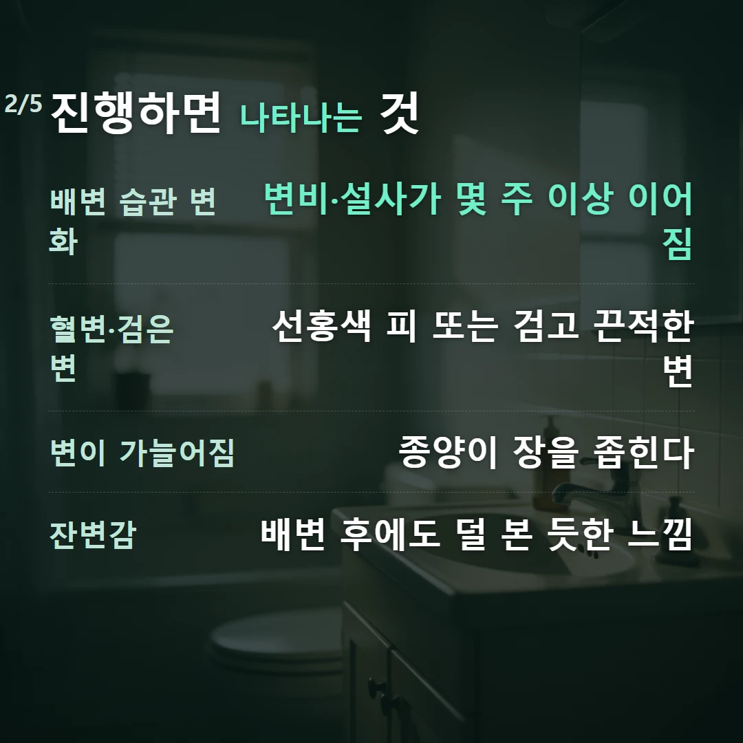 진행하면 나타나는 것 — 배변 습관 변화 변비·설사가 몇 주 이상 이어짐, 혈변·검은 변 선홍색 피 또는 검고 끈적한 변, 변이 가늘어짐 종양이 장을 좁힌다, 잔변감 배변 후에도 덜 본 듯한 느낌
