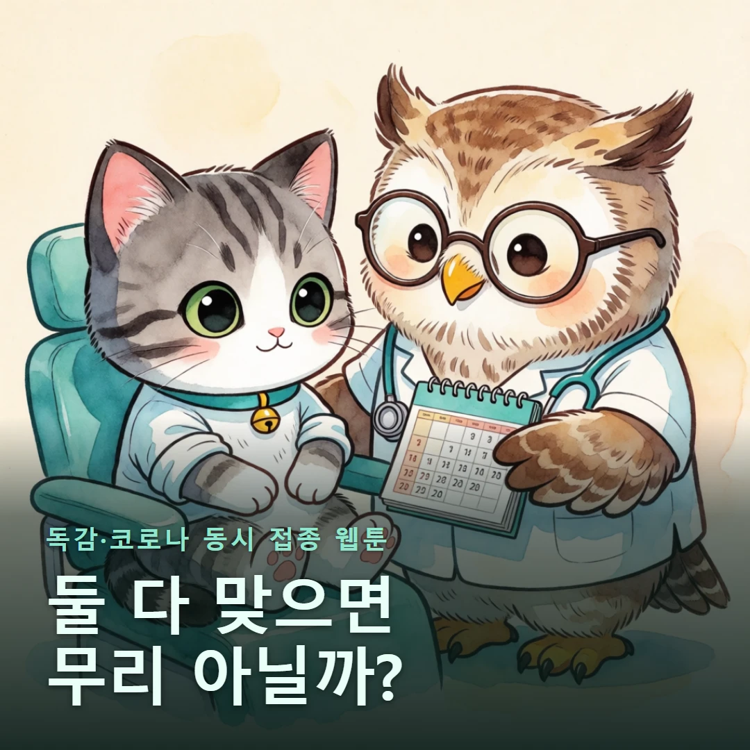 독감·코로나 동시 접종 웹툰 표지 — 둘 다 맞으면 무리 아닐까?