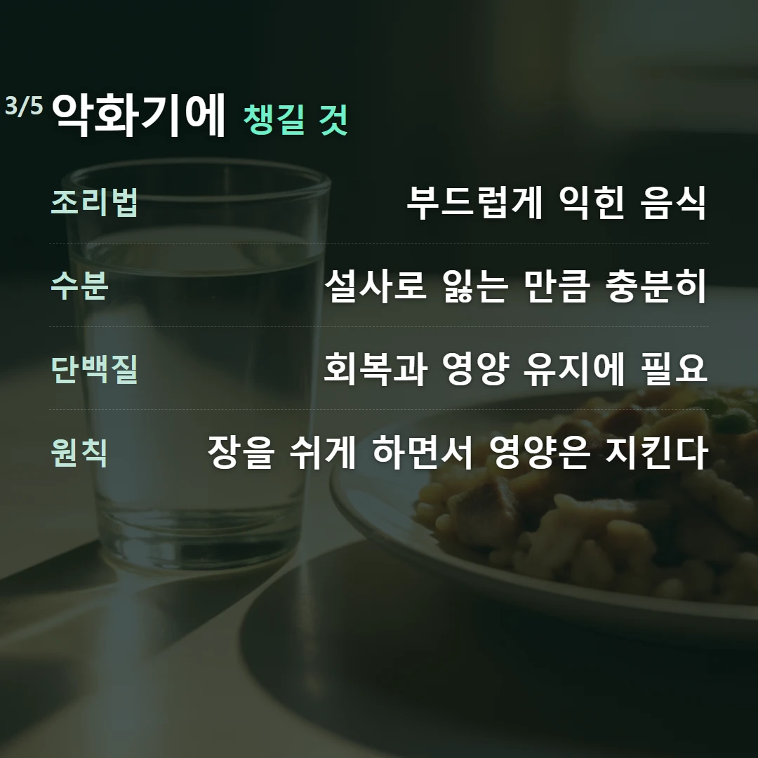 악화기에 챙길 것 — 조리법 부드럽게 익힌 음식, 수분 설사로 잃는 만큼 충분히, 단백질 회복과 영양 유지에 필요, 원칙 장을 쉬게 하면서 영양은 지킨다