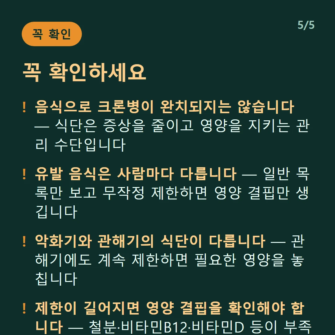 꼭 확인하세요 — 음식으로 크론병이 완치되지는 않습니다 — 식단은 증상을 줄이고 영양을 지키는 관리 수단입니다 / 유발 음식은 사람마다 다릅니다 — 일반 목록만 보고 무작정 제한하면 영양 결핍만 생깁니다 / 악화기와 관해기의 식단이 다릅니다 — 관해기에도 계속 제한하면 필요한 영양을 놓칩니다 / 제한이 길어지면 영양 결핍을 확인해야 합니다 — 철분·비타민B12·비타민D 등이 부족해지기 쉽습니다