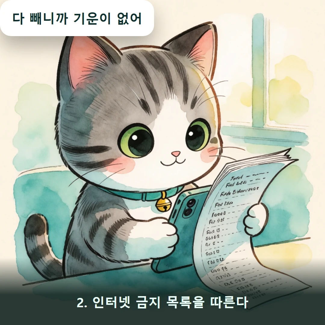 웹툰 2컷 — 2. 인터넷 금지 목록을 따른다 (다 빼니까 기운이 없어)
